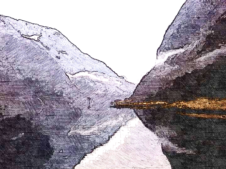 This image is a sketch depicting a fjord; mountains and white sky reflected in water.