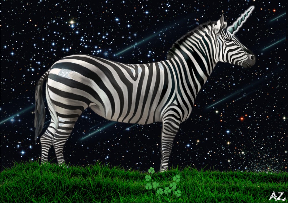 a zebra unicorn stands on clover grass under a starry night sky full of shooting stars